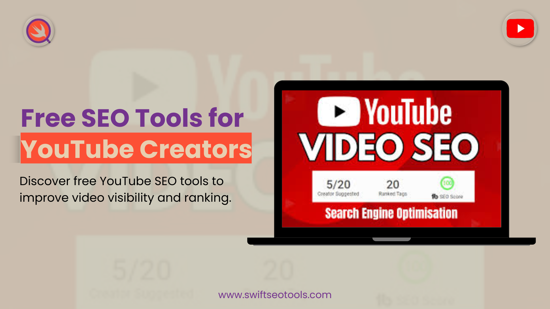 Banner showing top free SEO tools for YouTube creators to improve video visibility and ranking